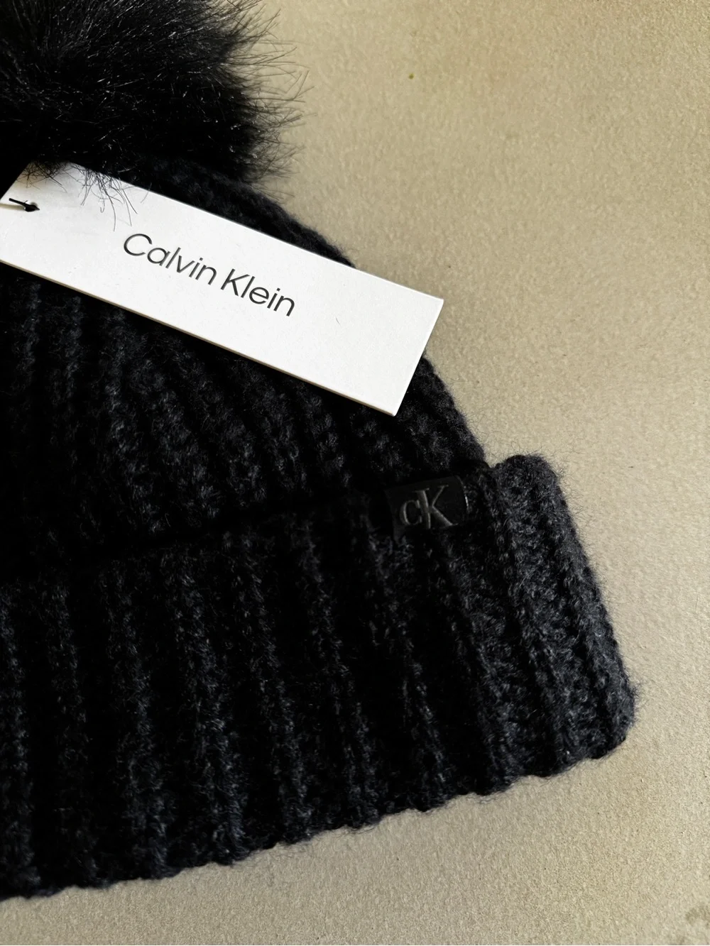 Calvin Klein Black Ribbed Pom Pom Beanie